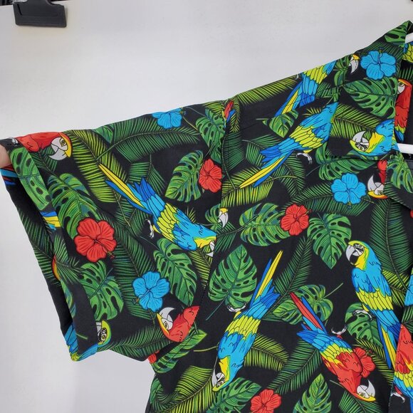 Good Vibes Drill Clothing Co Stretch Multicolor Parrot Hawaiian Button Shirt Lar - Picture 4 of 9